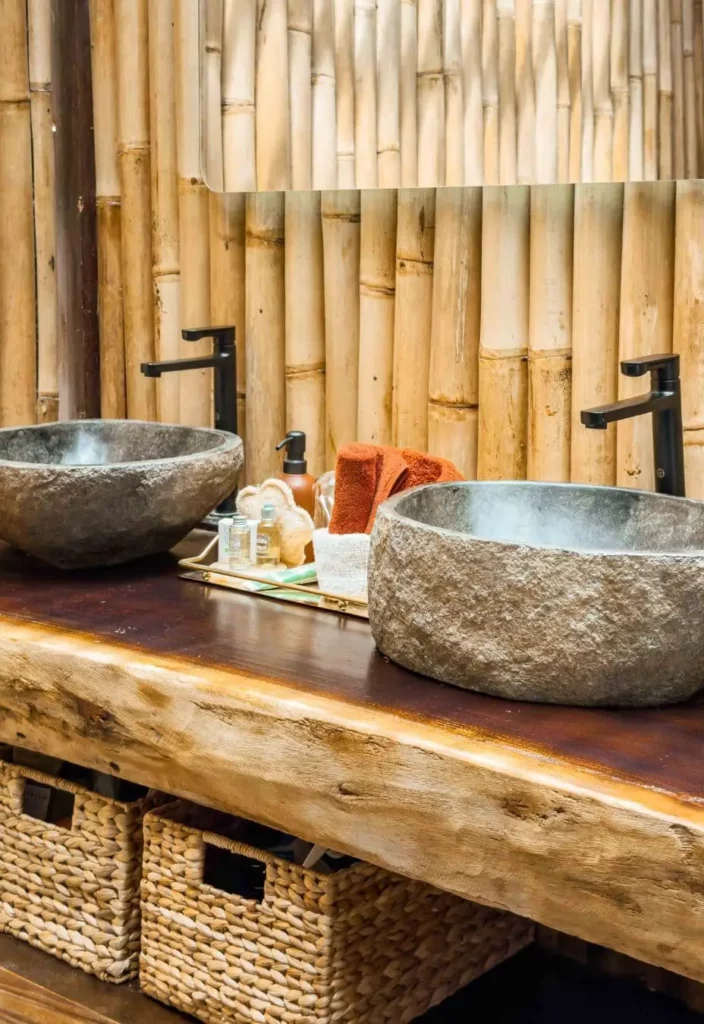 Bathroom vanity with double sinks, mirror and premium toiletries