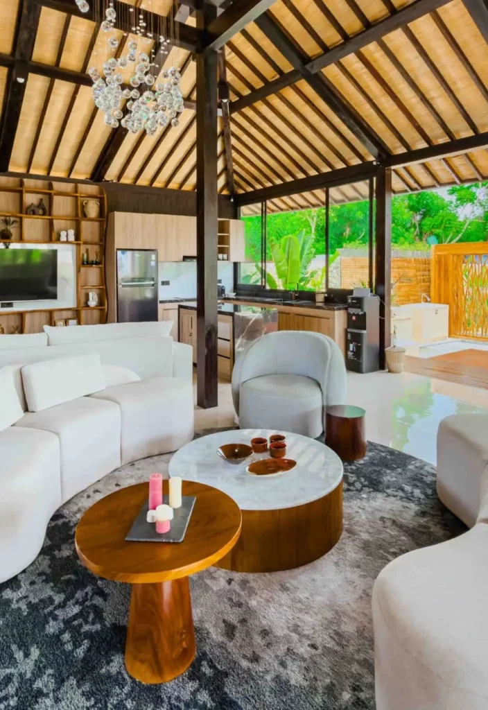 Relaxation lounge area within a contemporary Joglo-style villa in Bali