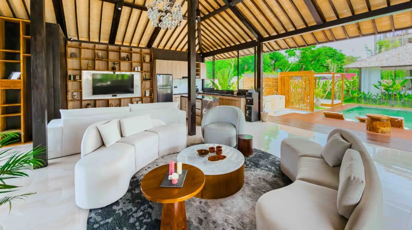Relaxation lounge area within a contemporary Joglo-style villa in Bali
